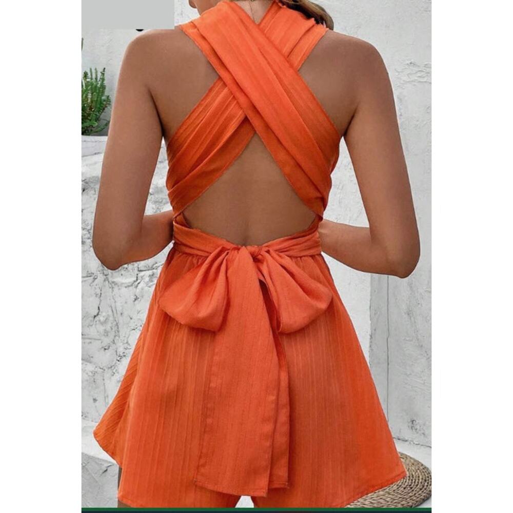 Orange Versatile Halter Tie Pleated Jumper Shorts SZ XL - Picture 2 of 11